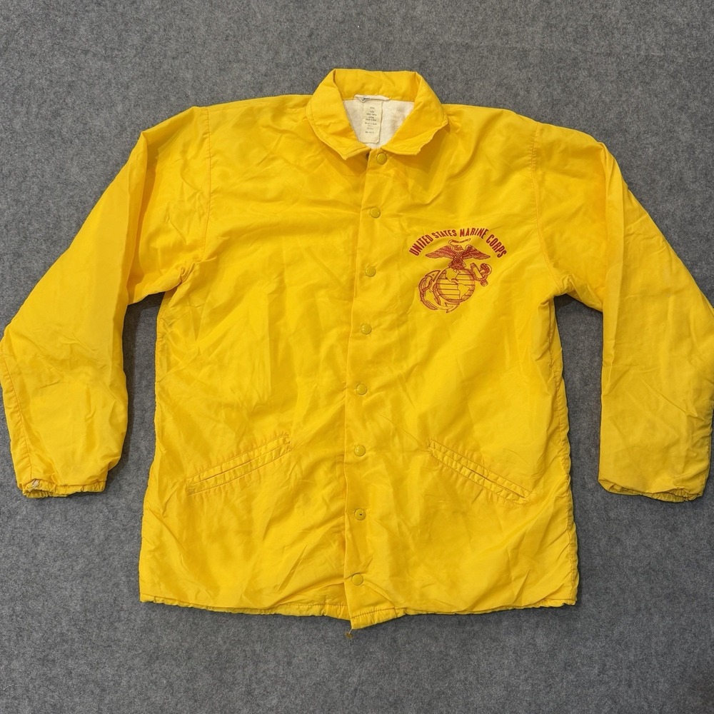 Vintage USMC United States Marine Corps Yellow Nylon Snap Jacket Tagged Large